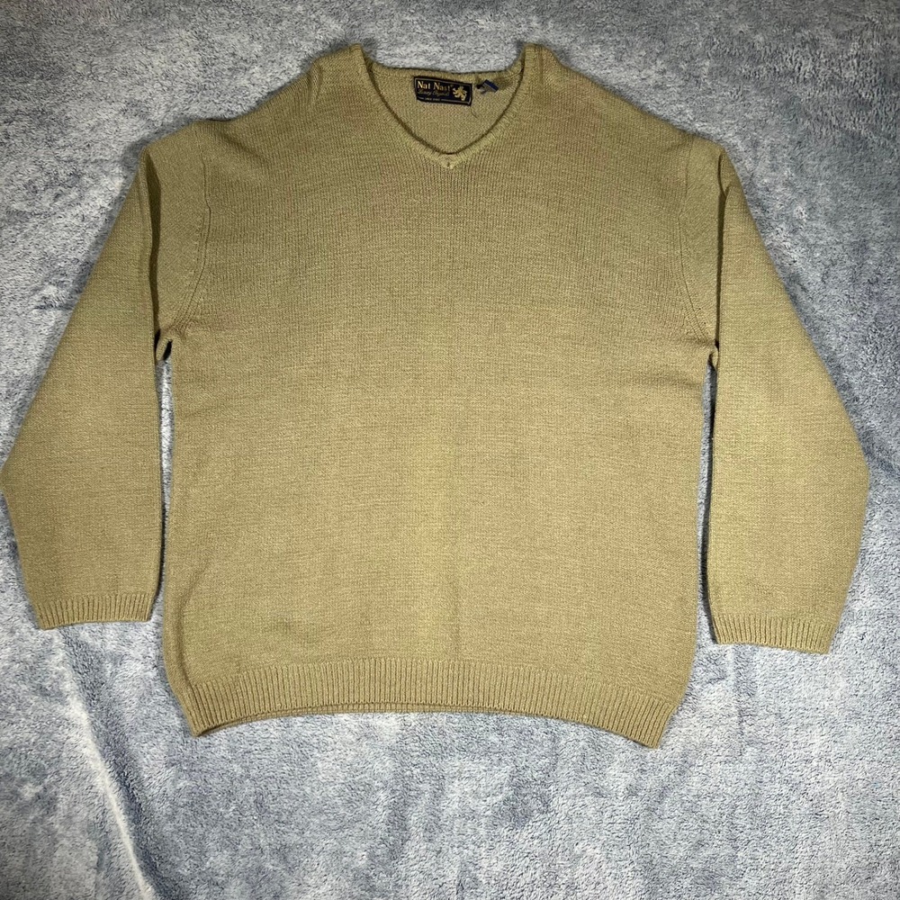 Nat Nast Luxury Original‎ Mens XL V-Neck Sweater Olive Green Cotton Blend Knit